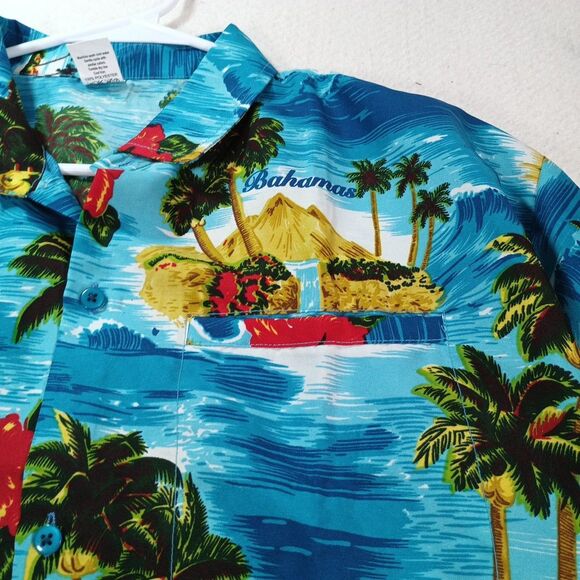 Rina Bahama’s Bright Blue Island Scene Shirt XL Resort Wear Tropical Hawaiian - Picture 4 of 9